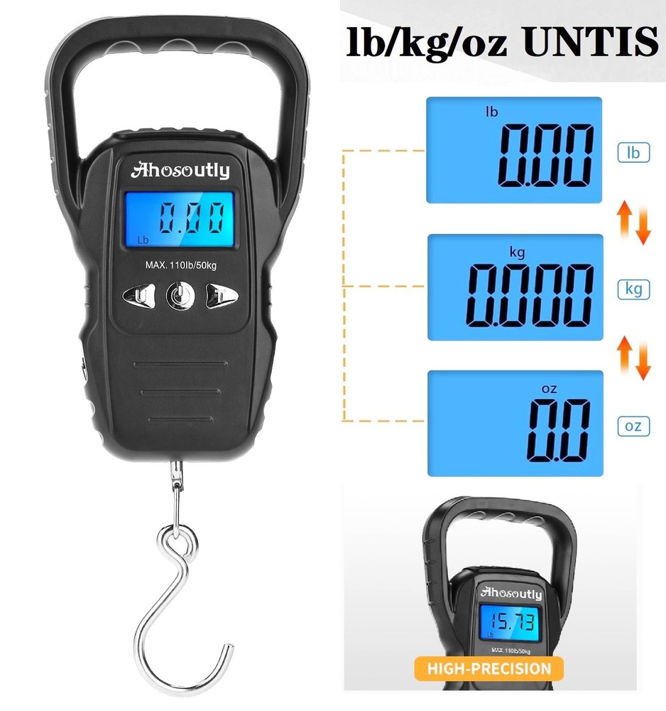 Fish Scale,110lb/50kg Large Handle,Large Backlit LCD Display,Digital Black