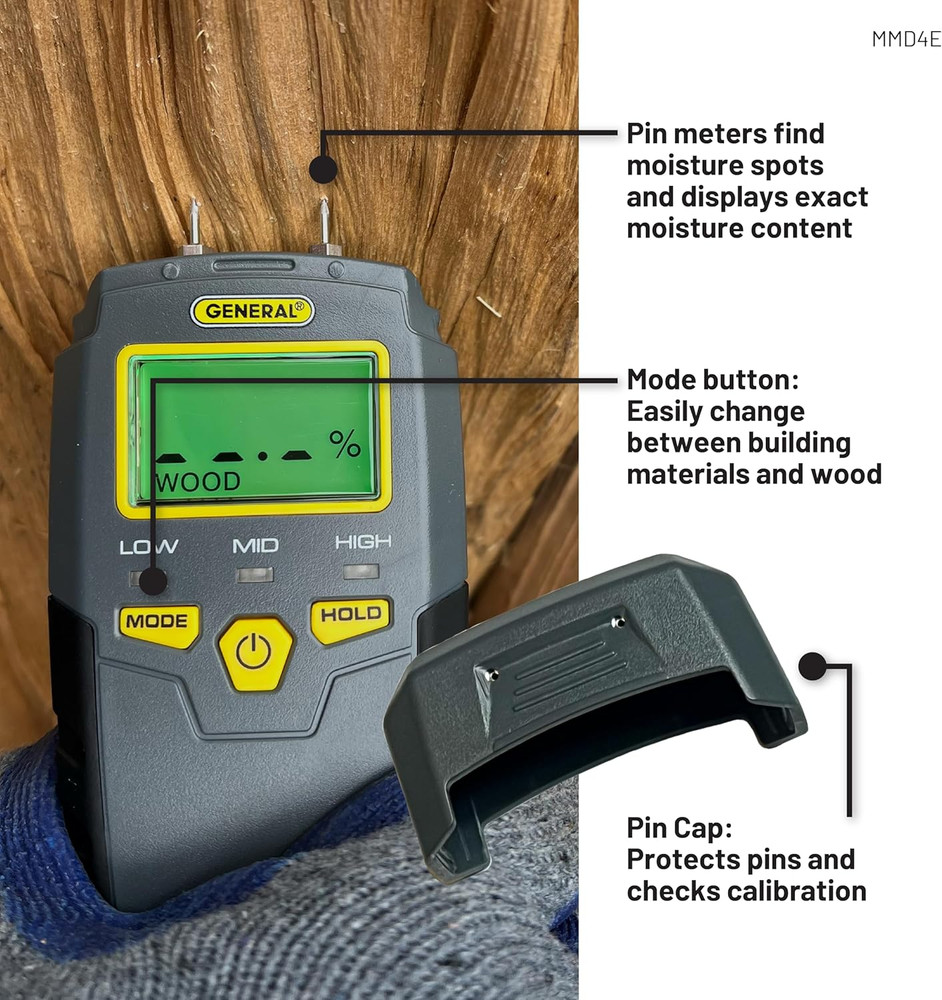 MMD4E Digital Moisture Meter, Water Leak Detector, Moisture Tester, Pin Type