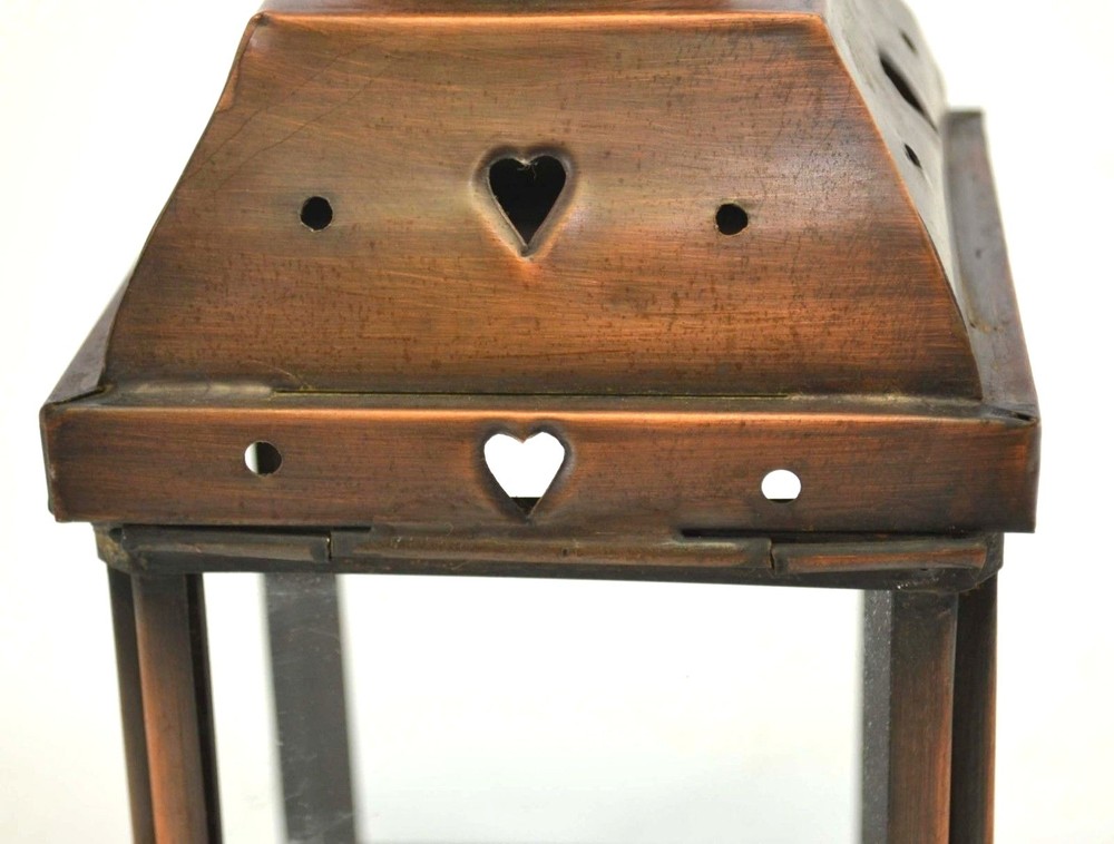 Tin Lantern Hearts Pattern, Copperized Tin- 5 x 5 x 11H