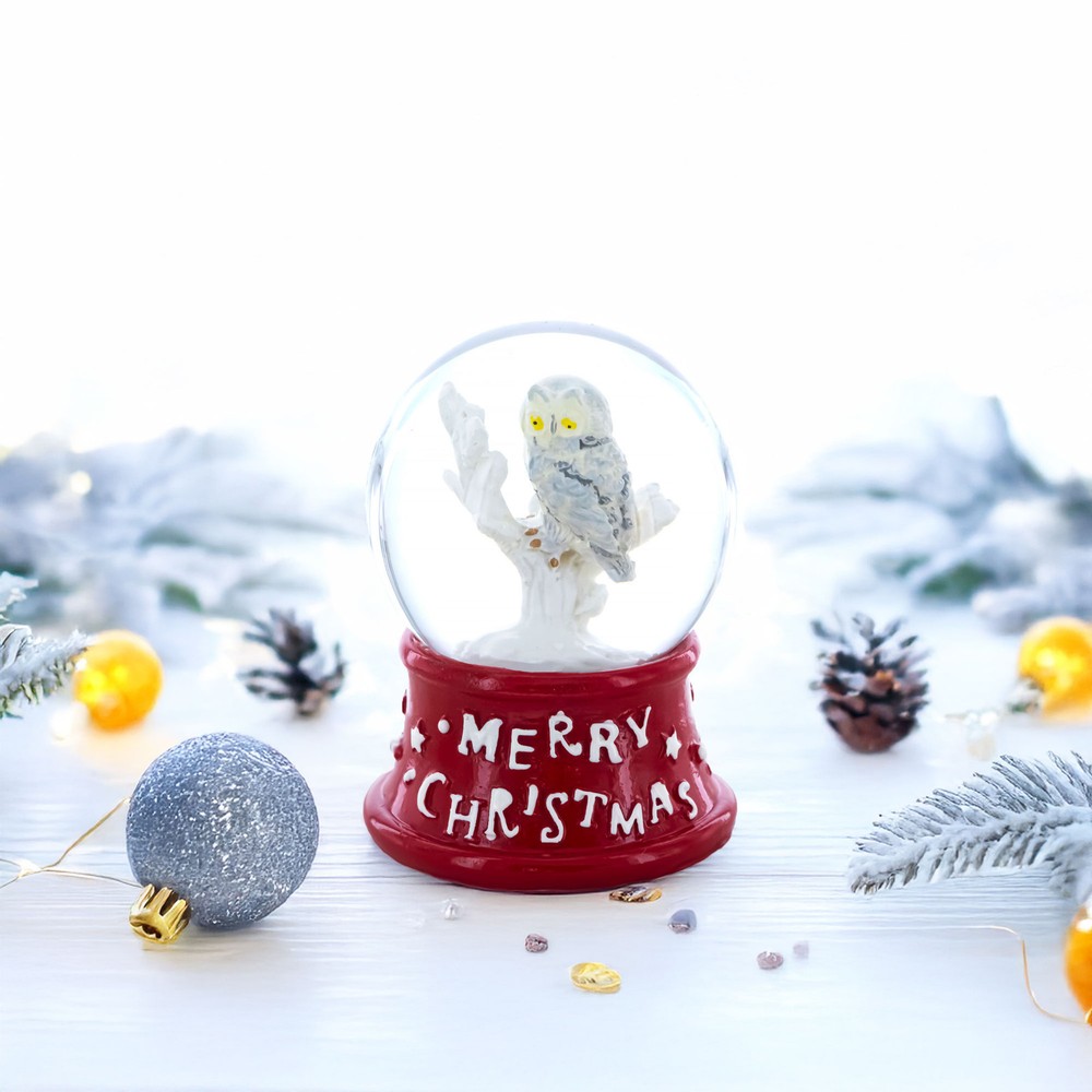 White Owl Perched on Red Base Mini Water Snow Globe