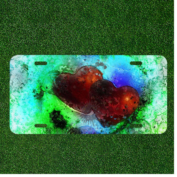 Custom Personalized License Plate Auto Tag With Two Red Hearts Paint Splash