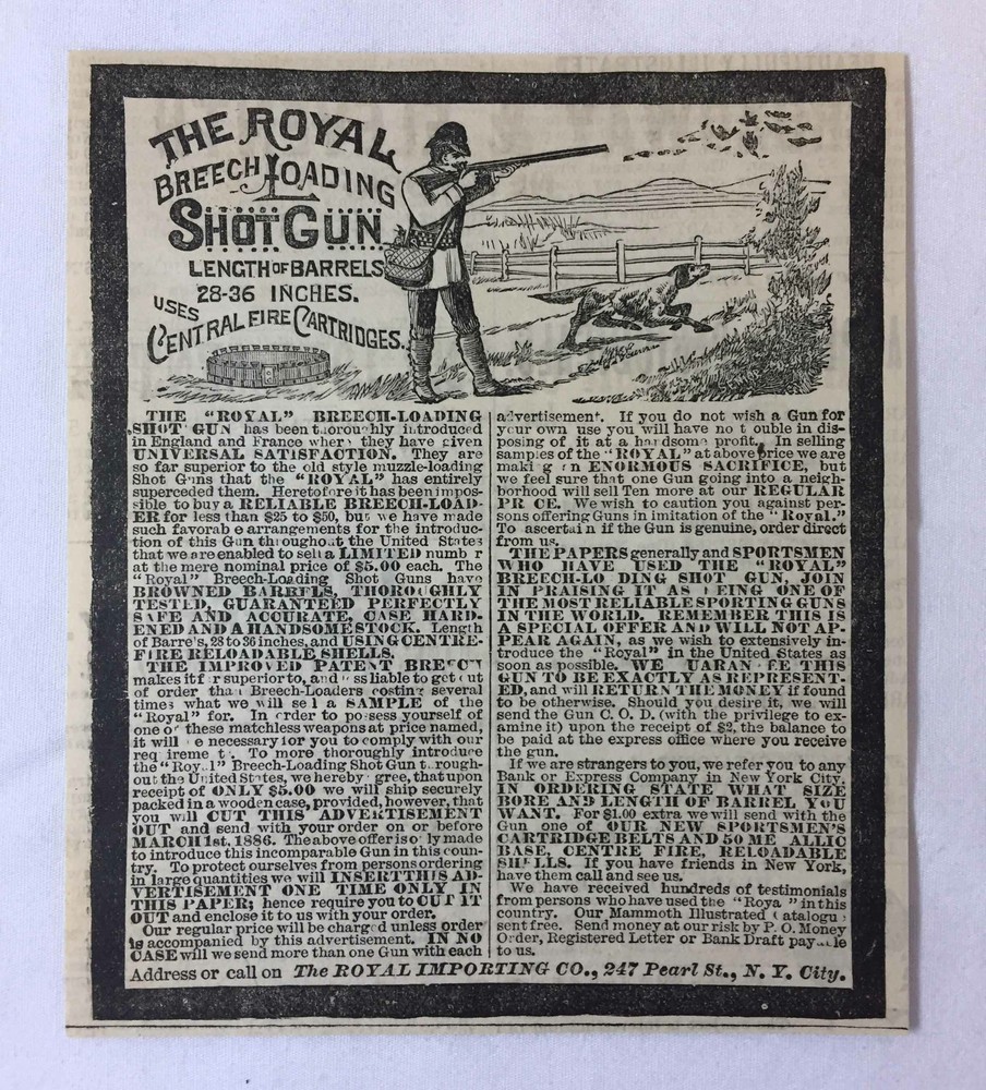 1886 magazine ad ~ ROYAL BREECH LOADING SHOTGUN