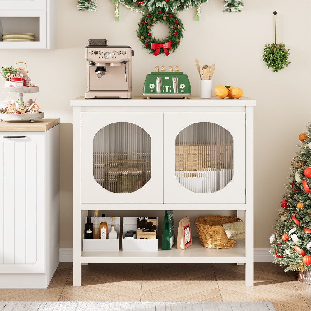 35.4" Storage Cabinet with Glass Doors & Bottom Shelf, Modern Buffet Sideboard