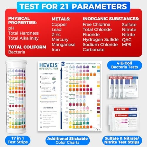 21-in-1 Home Drinking Water Testing Kit - 120 Strips + 4 Bacteria Tests - Tap