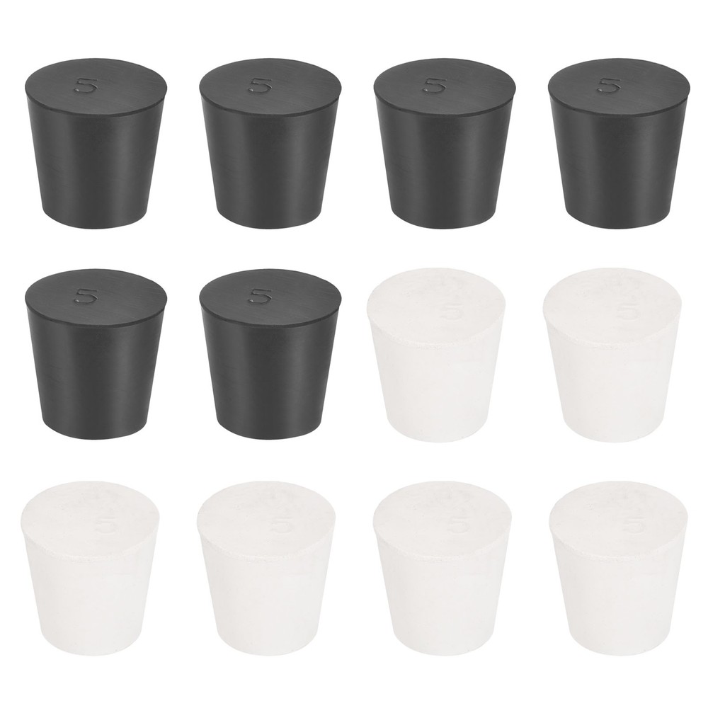 12 Pcs Solid Rubber Stopper Size 5#-29mm x 22mm - 28mm Long, Black/White