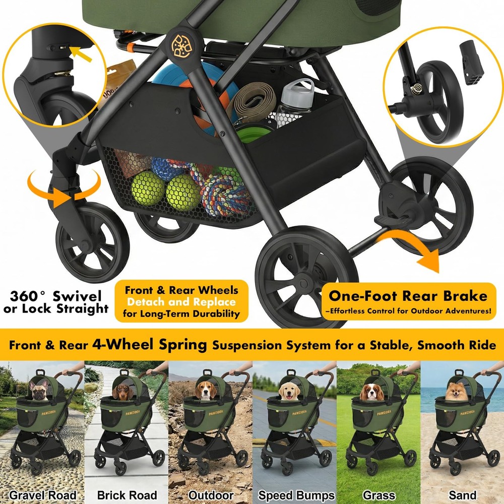 Pet Stroller 4 in 1, Foldable Cat Stroller with Detachable Carrier for Small ...