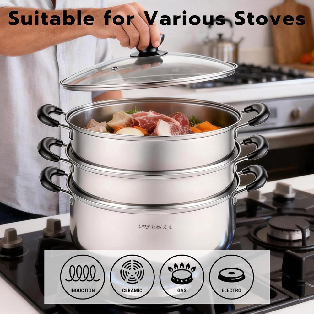 3 Tier Stainless Steel Steamer Pot For Cooking With Stackable Pan Insert, Foo...
