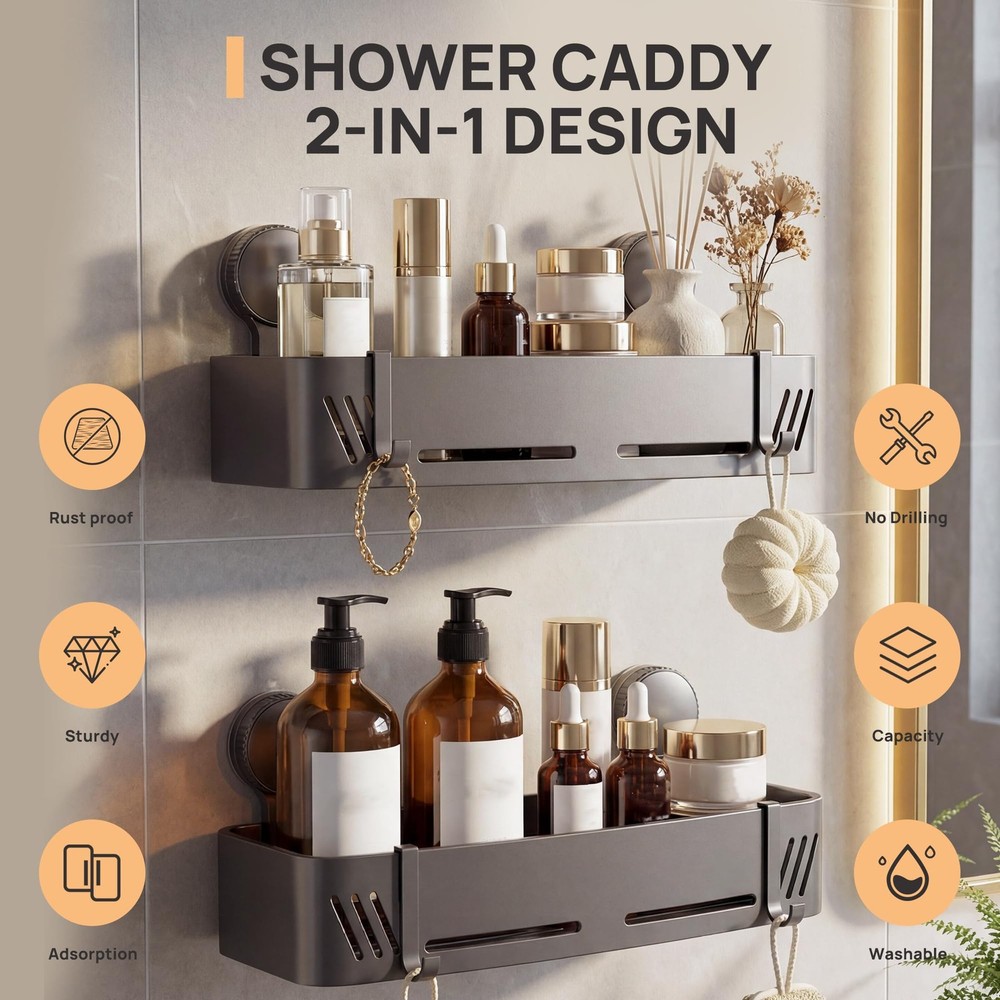 2-Tier Aluminum Suction Cup Square Shower Caddy, Rustproof No Drilling Bathro...