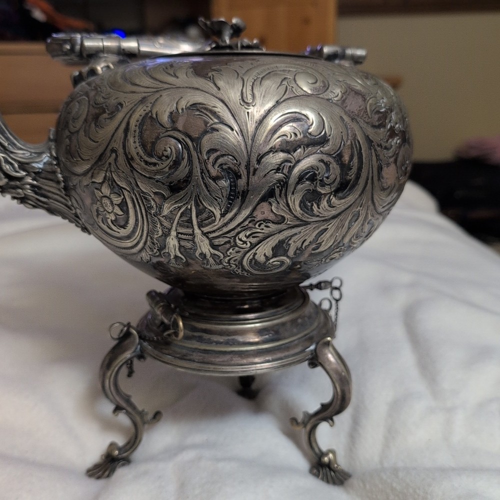 1800s Elkington & Co Silver Plated Tilting Teapot & Stand