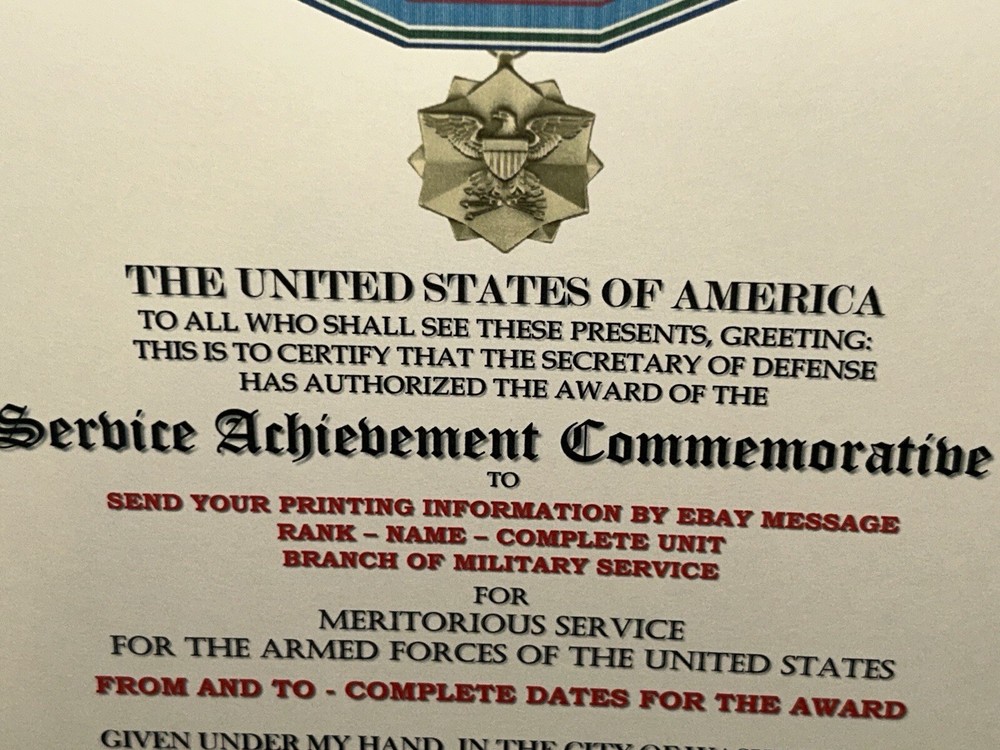 JOINT SERVICE ACHIEVEMENT MEDAL COMMEMORATIVE CERTIFICATE ~ TYPE-2 w/PRINTING