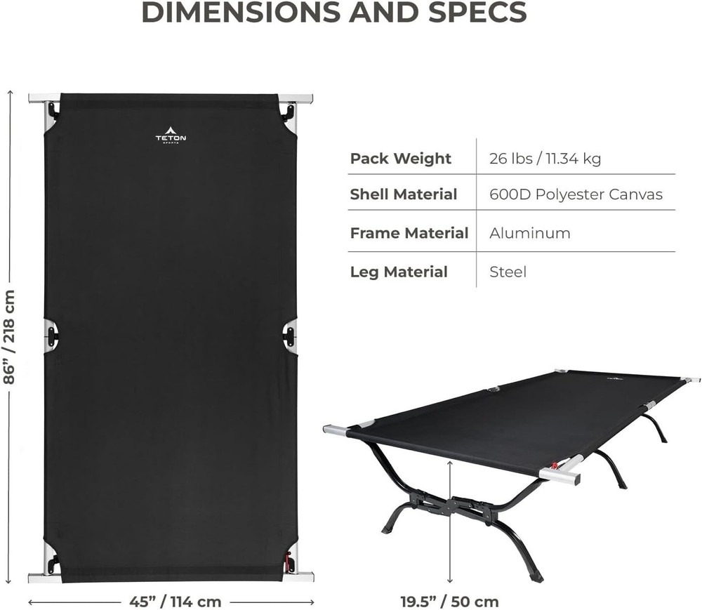 Teton Outfitter Camping Cot, Heavy-Duty Oversized Folding Cot for Adults, Com...