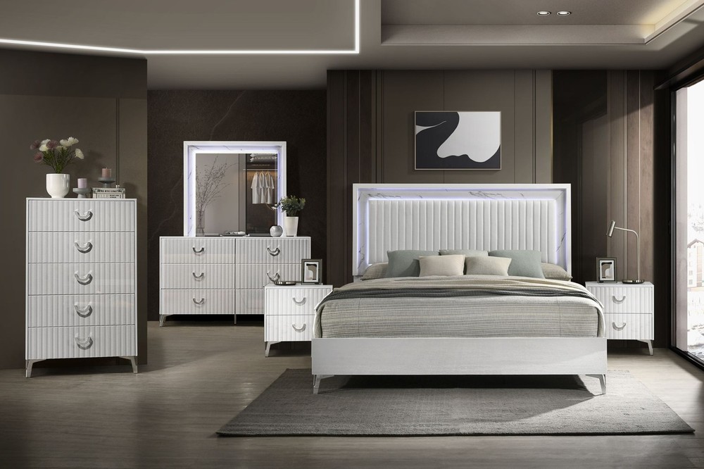 Modern 3pc LED Light Upholstered Headboard Queen Bed Nightstands Set White