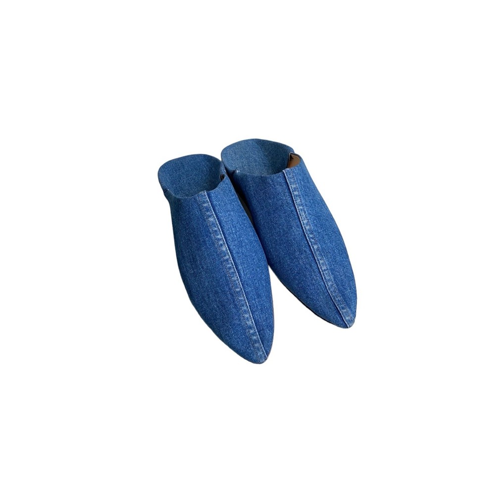 Blue Denim Moroccan Babouches Pointed Toe Leather Lining Handmade