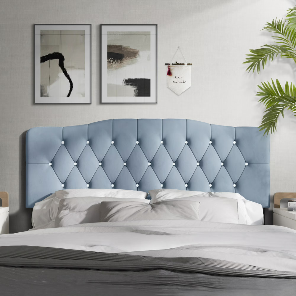 Upholstered King Size Headboard Only Light Blue Adjustable Height Diamond Tufted