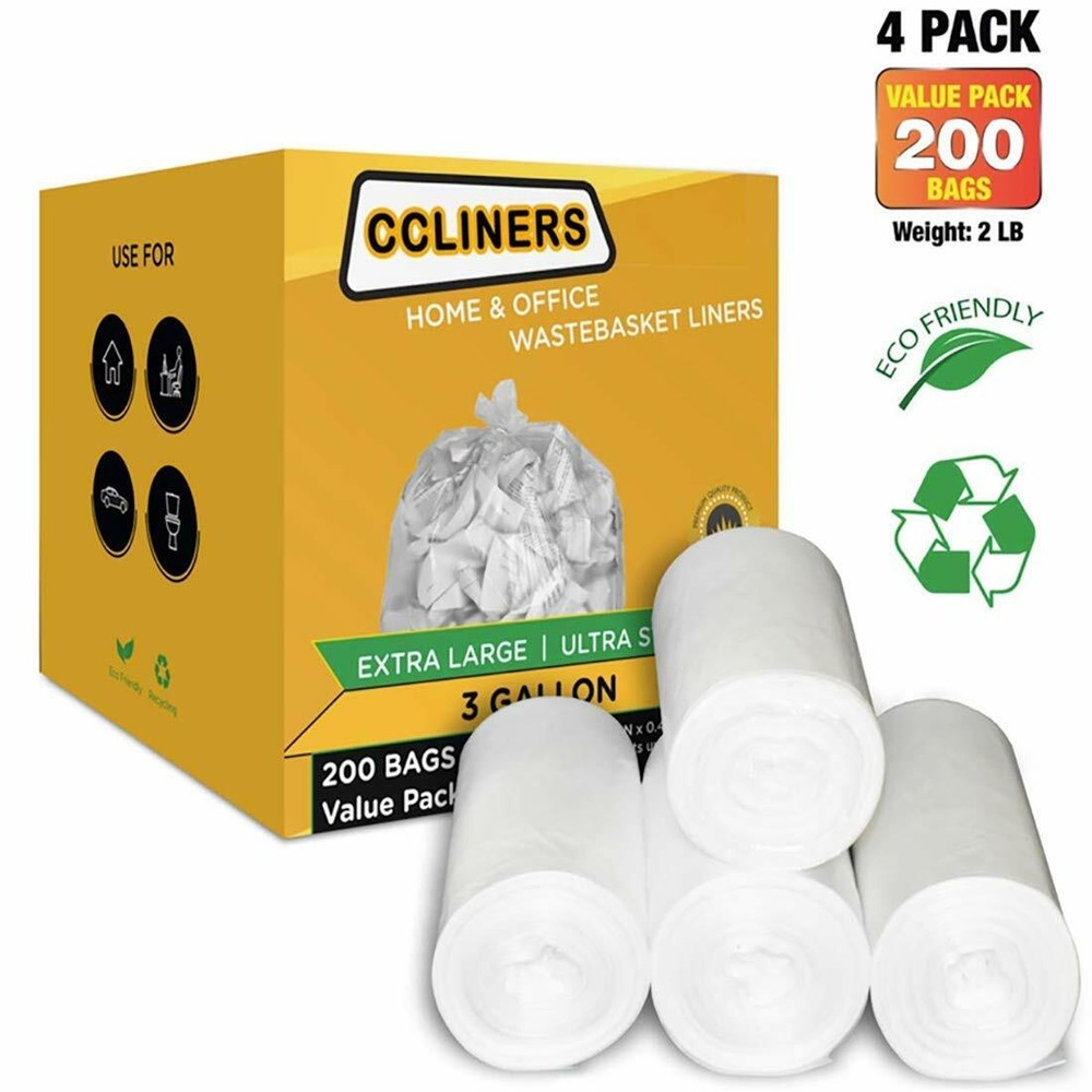CCLINERS 2-3 Gallon Clear Small Garbage Trash Bags, 200 Count