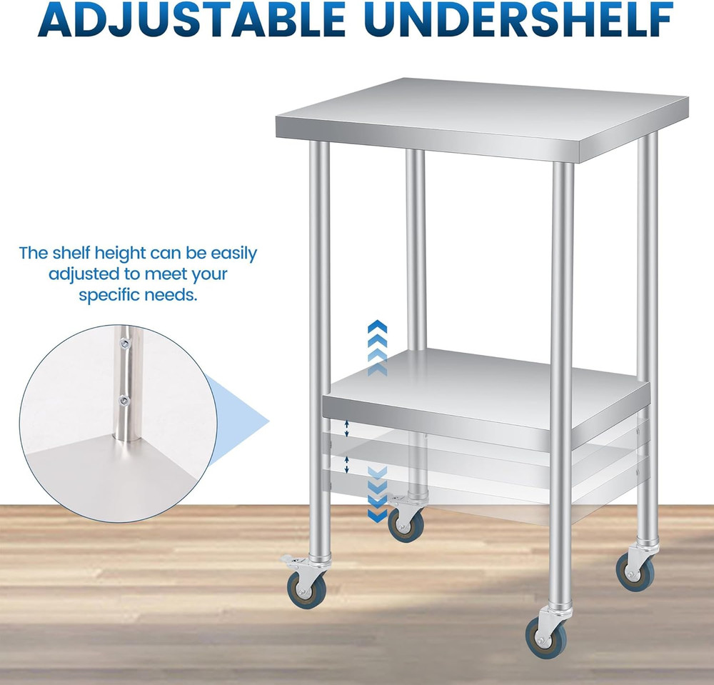 Stainless Steel Prep Table, 24 X 12 Inches, with Backsplash, Adjustable Undershe