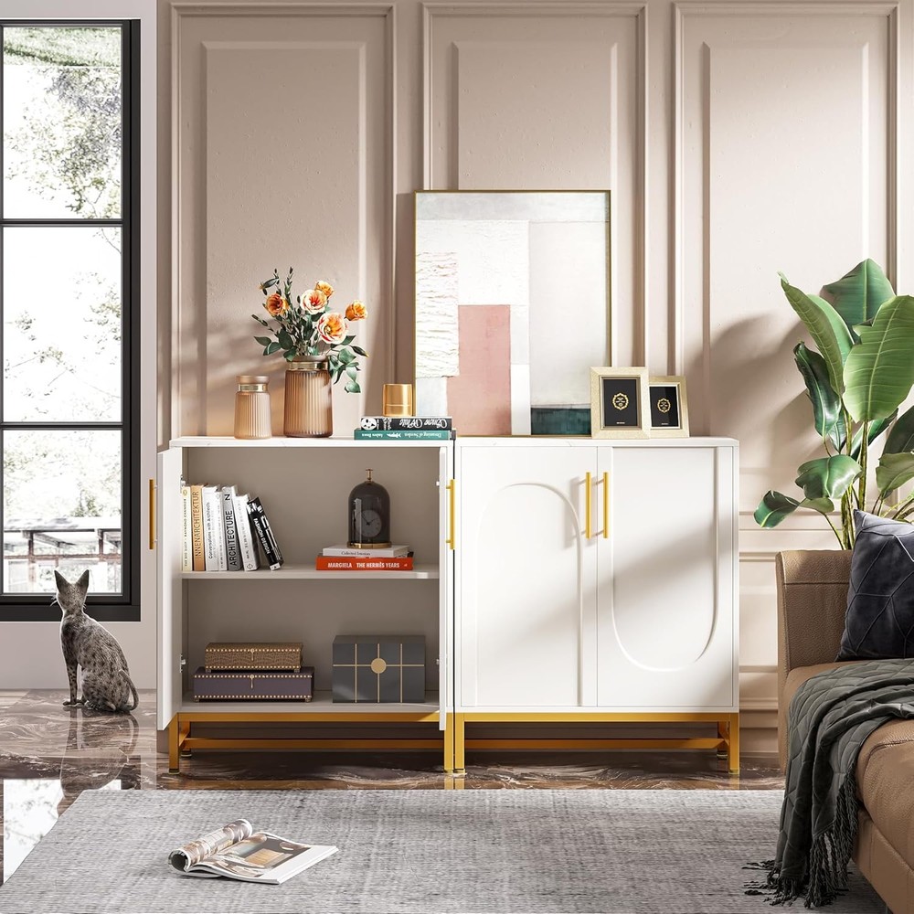 Modern Sideboards Buffet Cabinet W/ 4 Doors & Adjustable Shelves White)