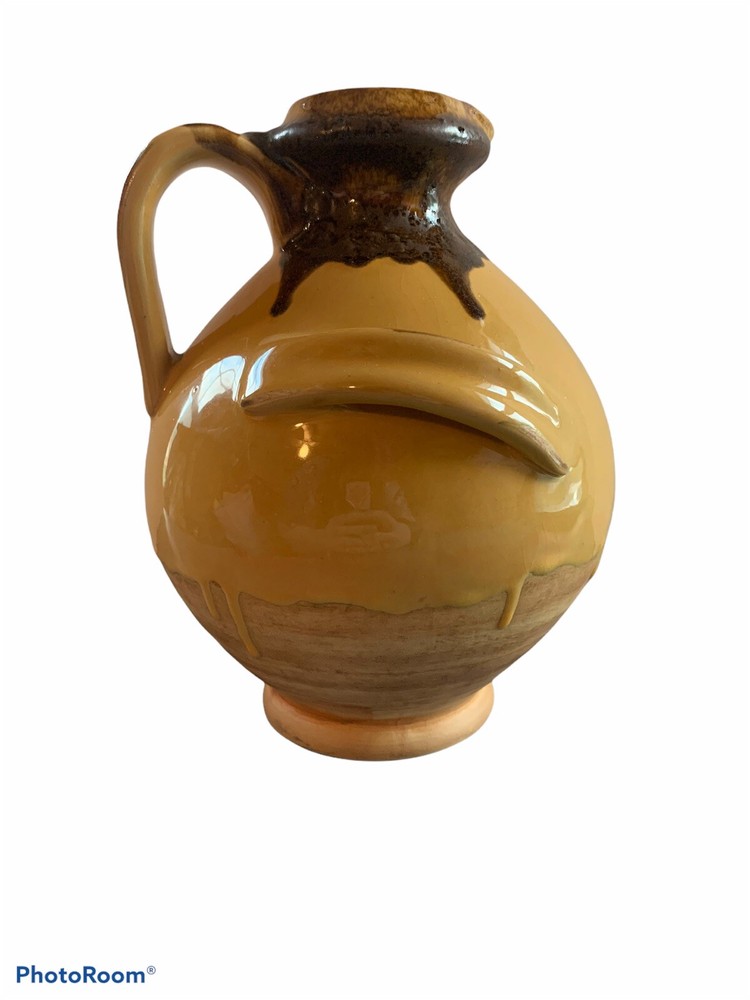 Ceramic Jug Pitcher Brown And Honey Colored Drip Three Handles ￼Old Fashioned