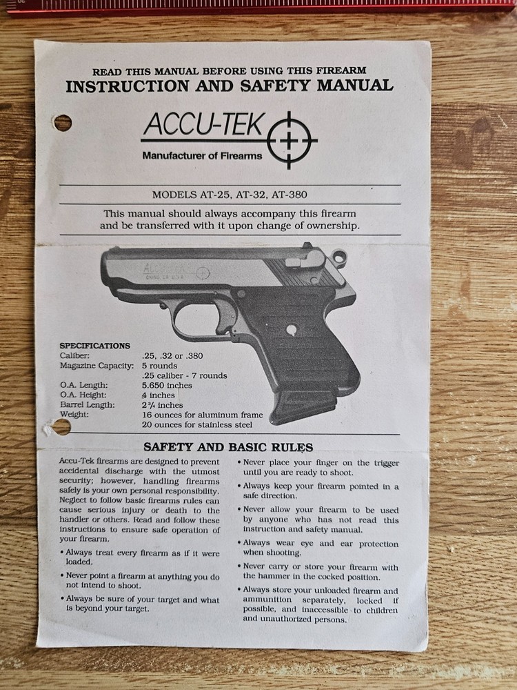 Accu-Tek AT-380 manual. 4 pages.