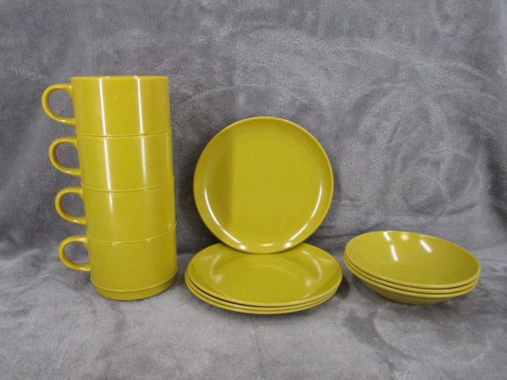 Melmac Coffee Cup Saucer Plate Bowl Set Mustard Melamine Stackable 11 Piece