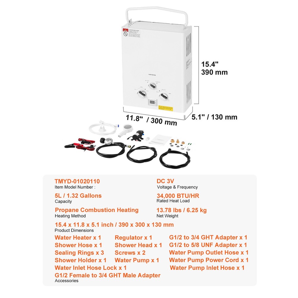 Portable Propane Water Heater 5L Tankless with Water Pump for RV Camping