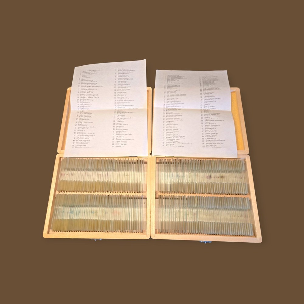 Microscope Microscopy 200 slide various preparers slides with 2 wooden boxes