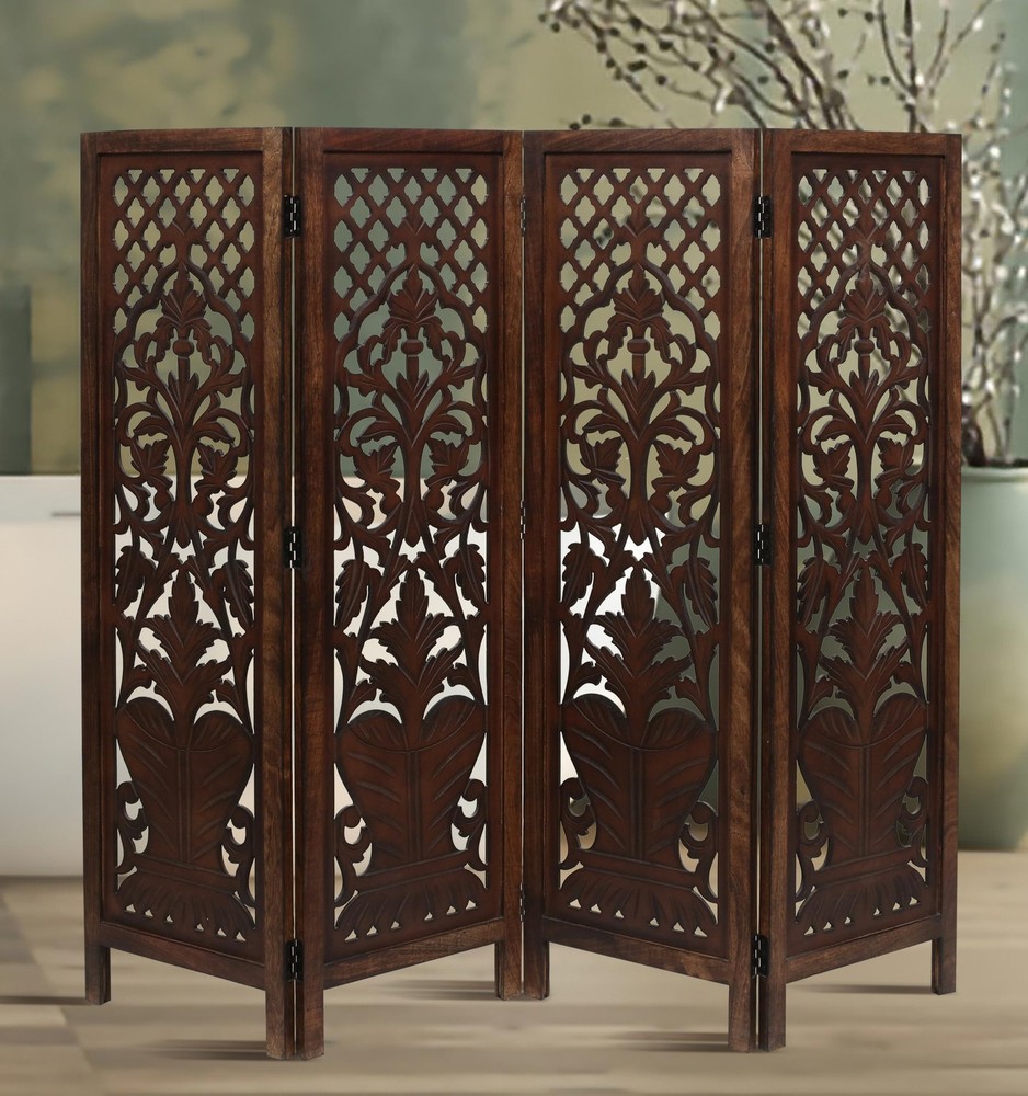 Room Divider Wood Screen Panel – Burnt Brown, 4-Panel Folding 64"x54", Hand-C...