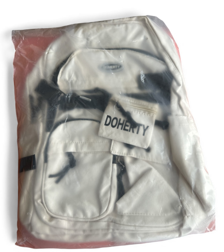 “Doherty Preppy White Backpack – Student Casual Daypack with Front Pockets”