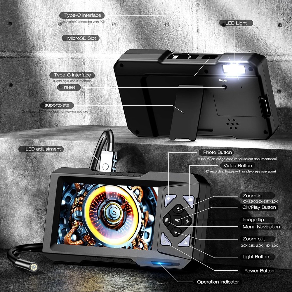 Comprehensive 1080P Endoscope Camera Kit - 4.3" IPS Display & 2 Adjustable LEDs