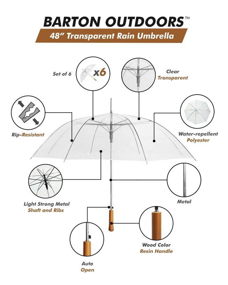 48" Auto-Open Clear/Transparent Rain Umbrella, 6 Pack