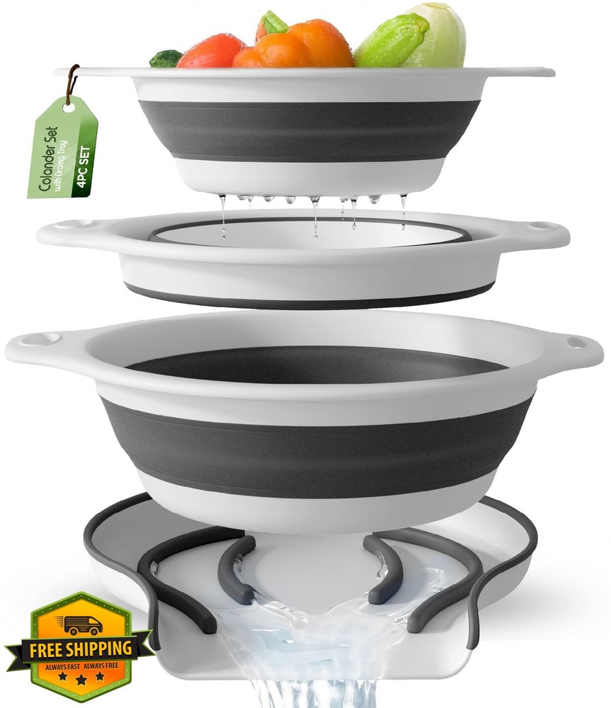 Gevoli Collapsible Colanders 3 Pack Over-Sink Draining White