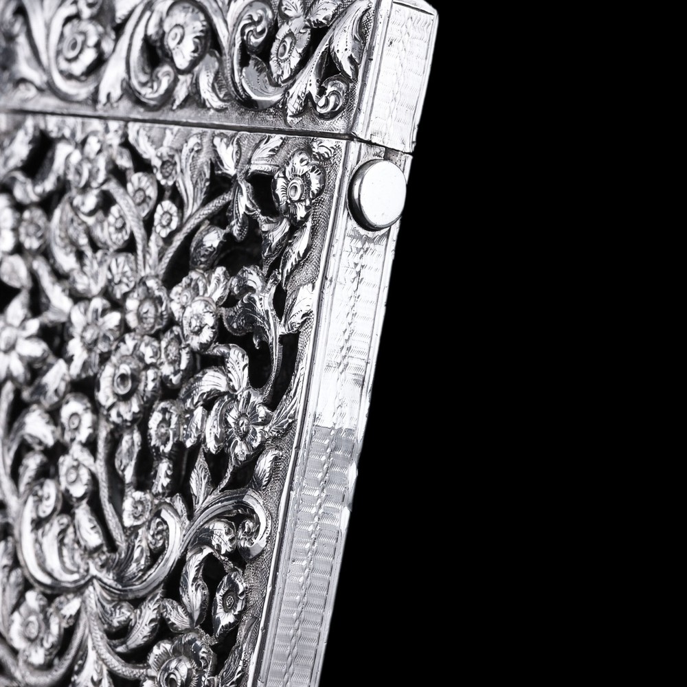 Antique Victorian Solid Silver Card Case Pierced Flowers - Francis Clark 1839