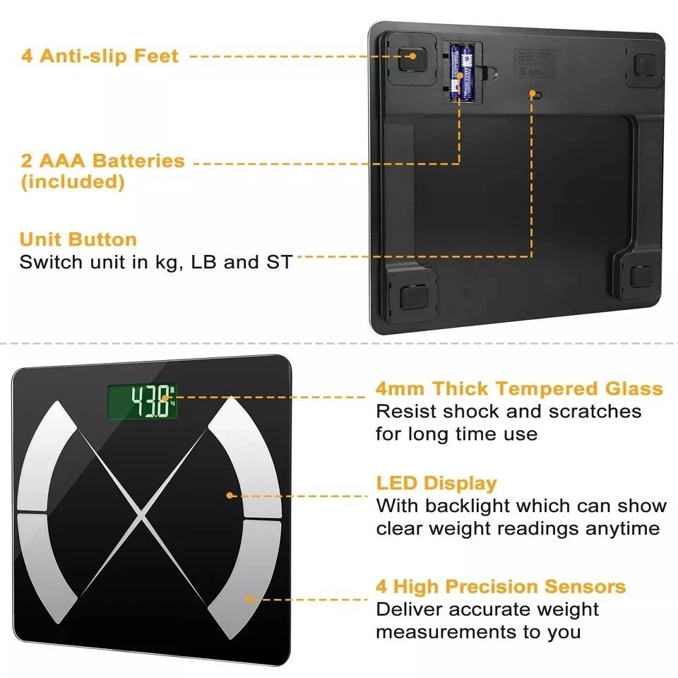 Bathroom Digital Body Weight Scale Body Composition Analyzer BMI iOS Android App