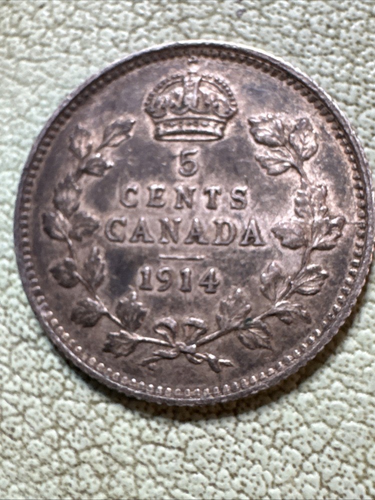 1914 Canada Silver Five Cents - Toned - Solid AU George V