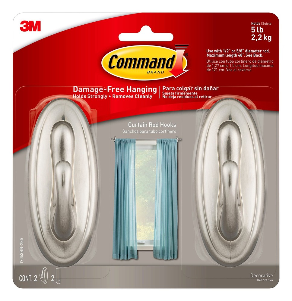 Command Curtain Rod Hooks, Large, Holds 5 Lbs (2 Pack), Brushed Nickel