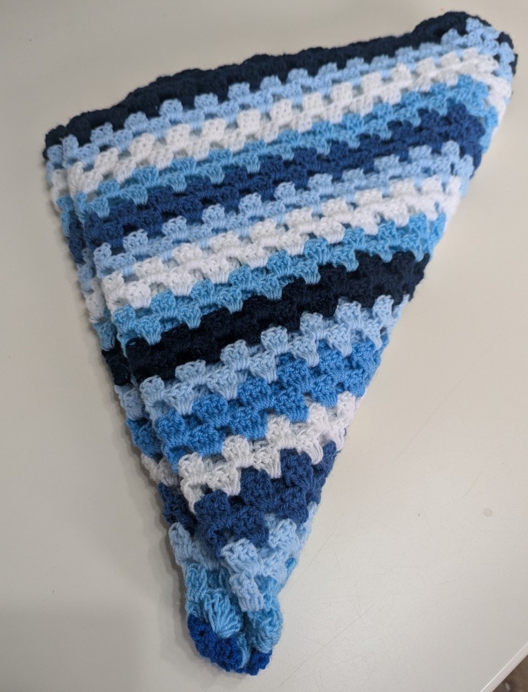Crocheted Blue And White Pram Blanket