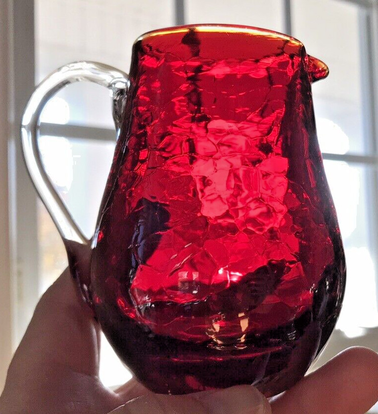 Hand Blown Ruby Red Crackle Glass Pitcher Clear Handle Pontil 3.75"
