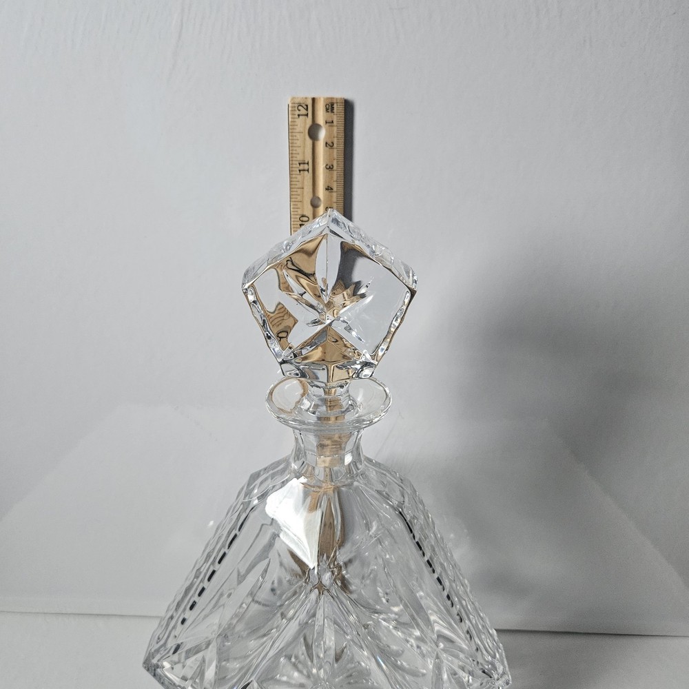 Vintage Block Cut Crystal Triangular Decanter & Stopper Olympic Pattern Heavy