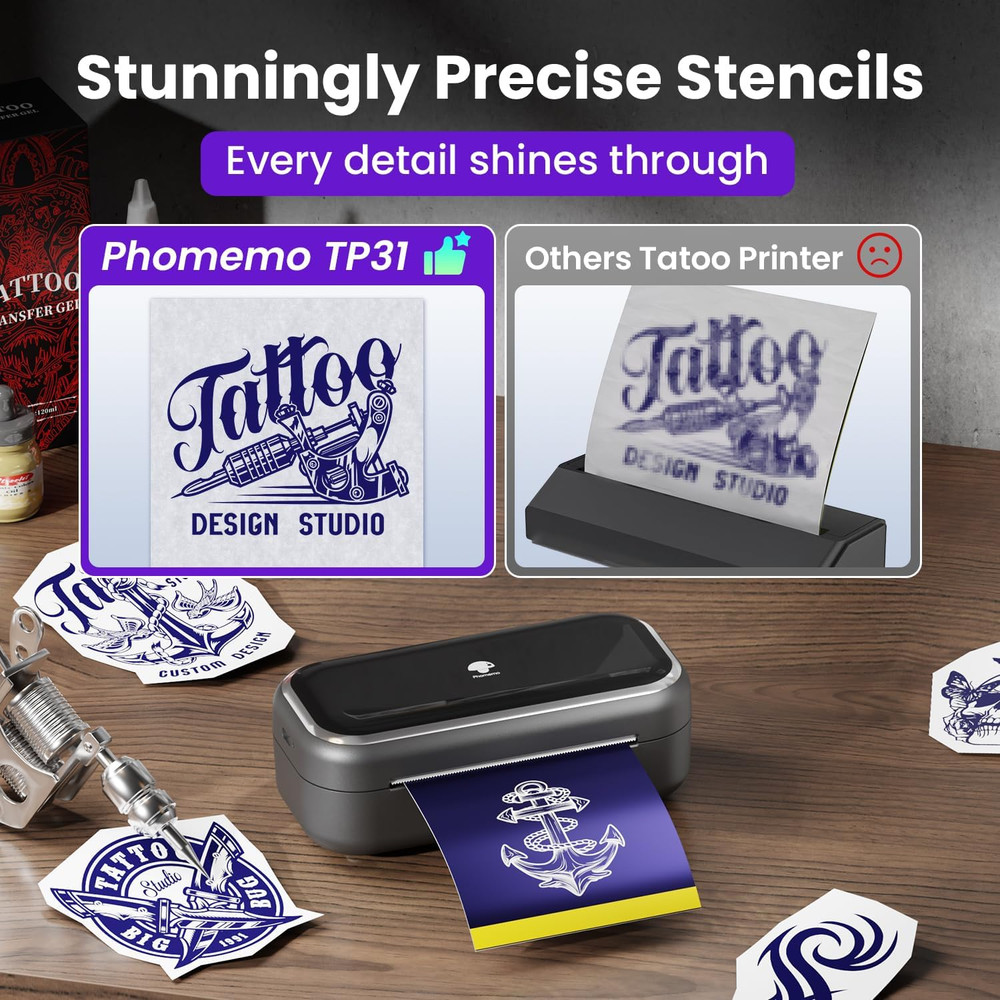 TP31 Mini Tattoo Stencil Printer,Bluetooth Tattoo Printer with 30Pcs Transfer Pa