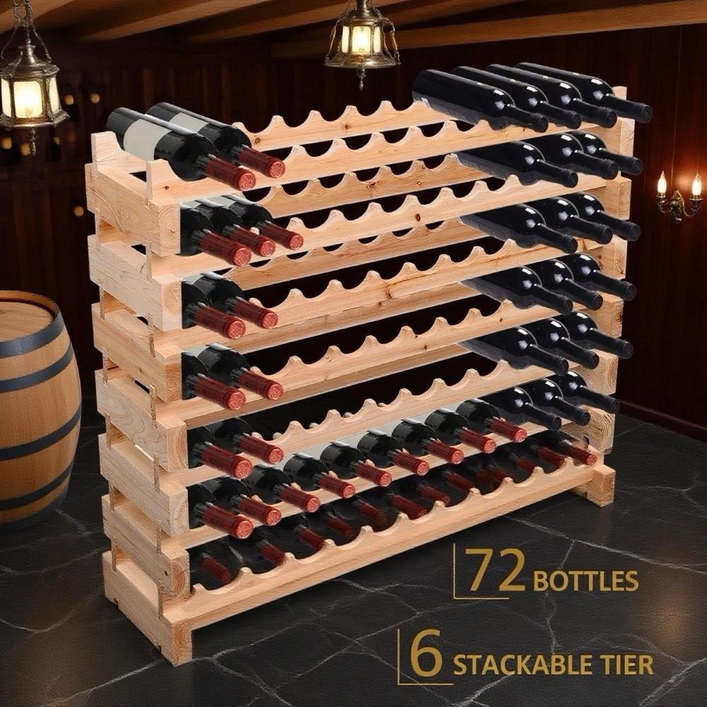 Stackable Modular Wine Rack 6-Tier 72 Bottles Freestanding Solid Pine Wood New