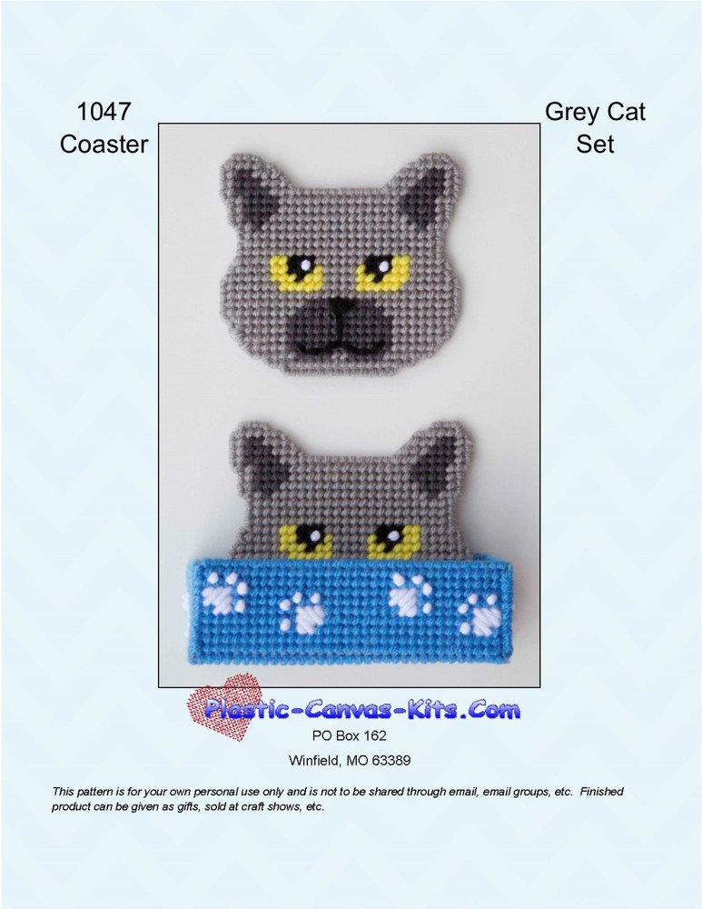 Grey Cat Coaster Set-Plastic Canvas Pattern or Kit