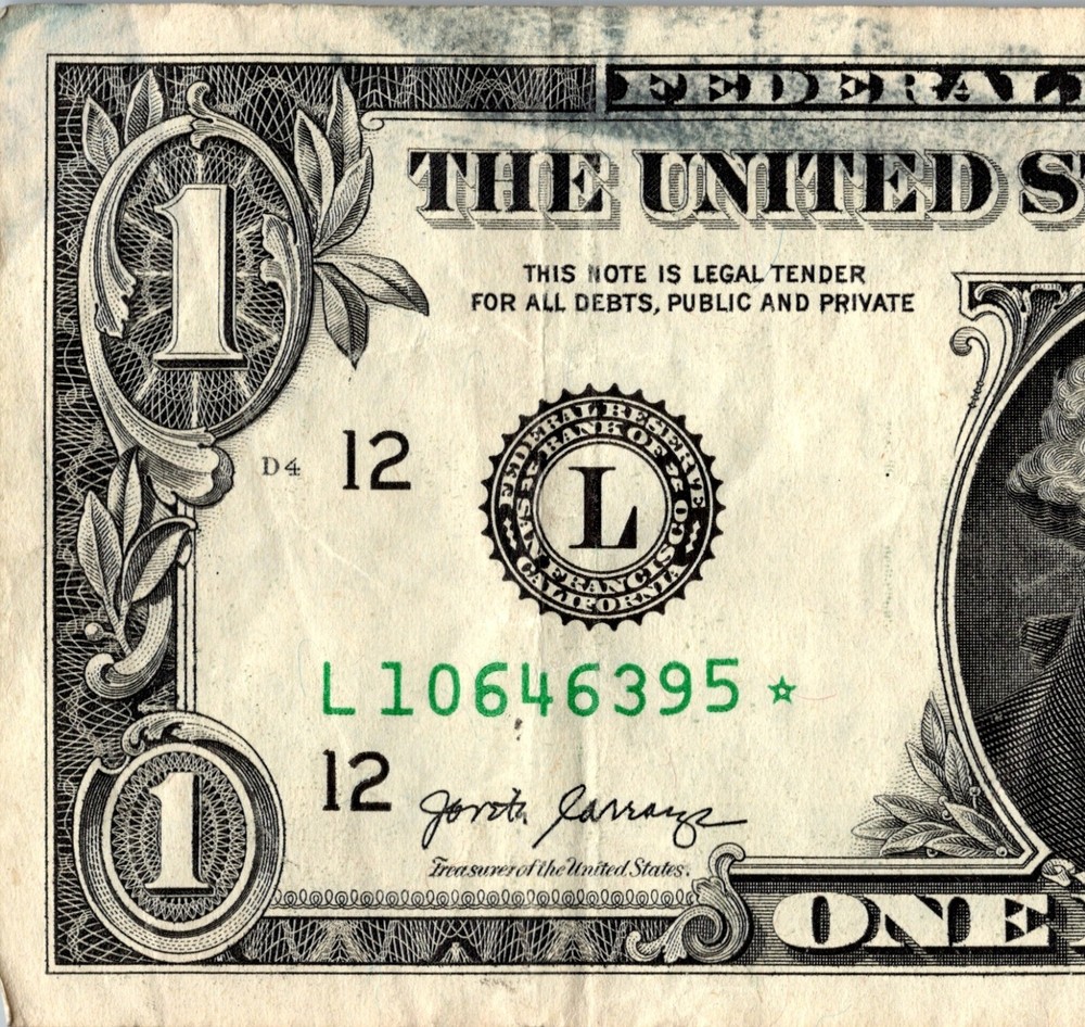 2017 L Star Note FANCY SERIAL NUMBER ONE DOLLAR Regular Run