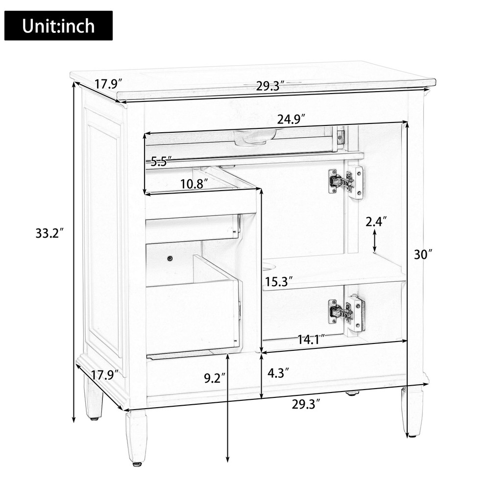 30" White Bathroom Vanity with Ceramic Sink and Solid Wood Cabinet