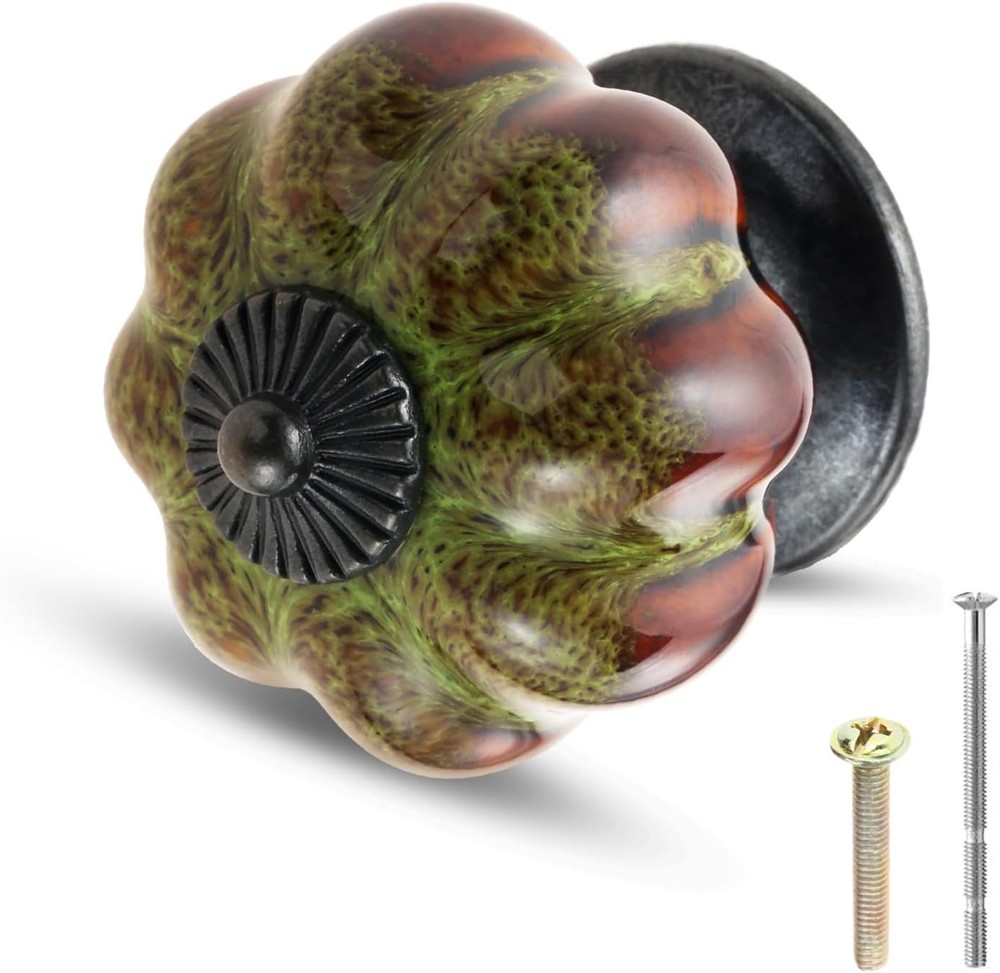 Rustic Green Pumpkin-Shaped Drawer Knobs - Handmade Ceramic Cabinet Pulls