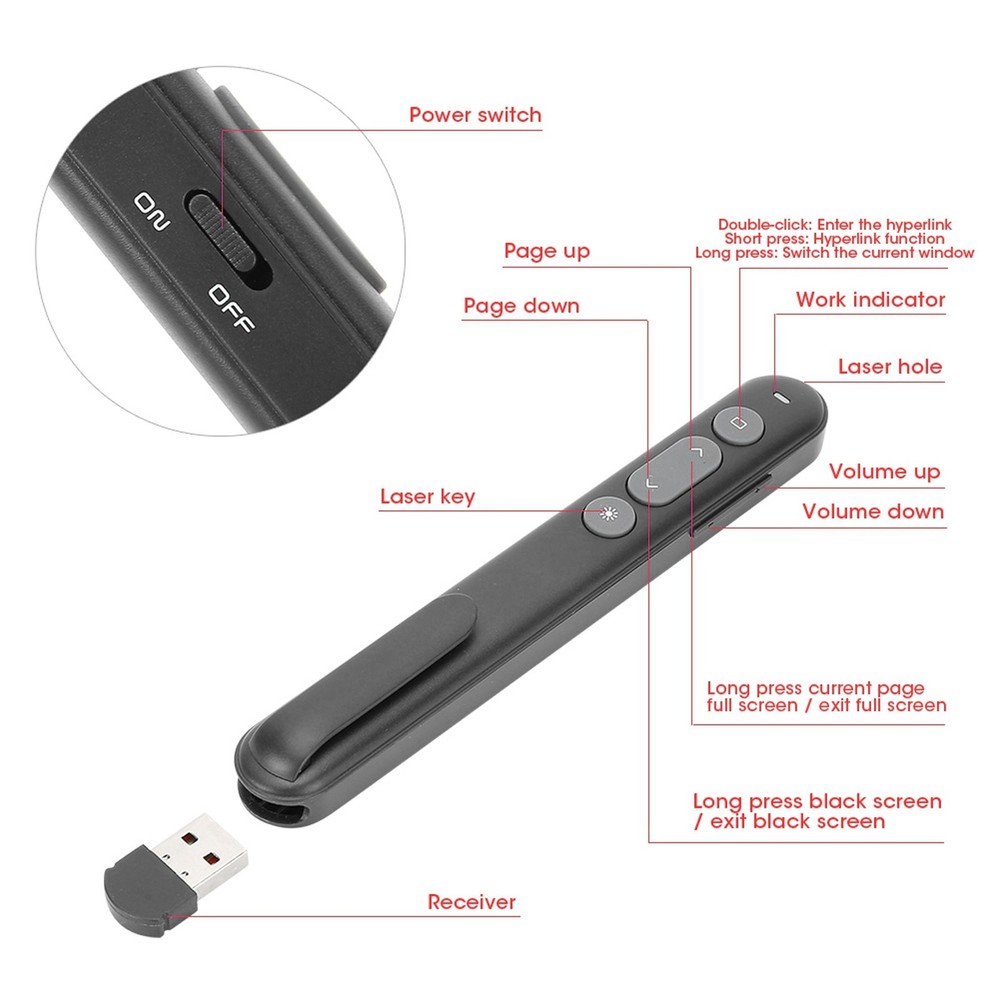 2.4G Wireless Presenter Controller Long Remote Distance Full Screen Display