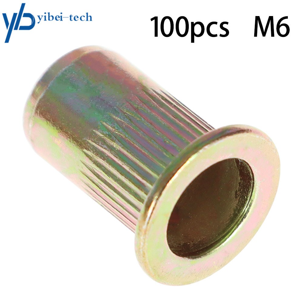 Pack 100 M6 Metric Carbon Steel Rivet Nut Flat Head Threaded Insert Nutsert