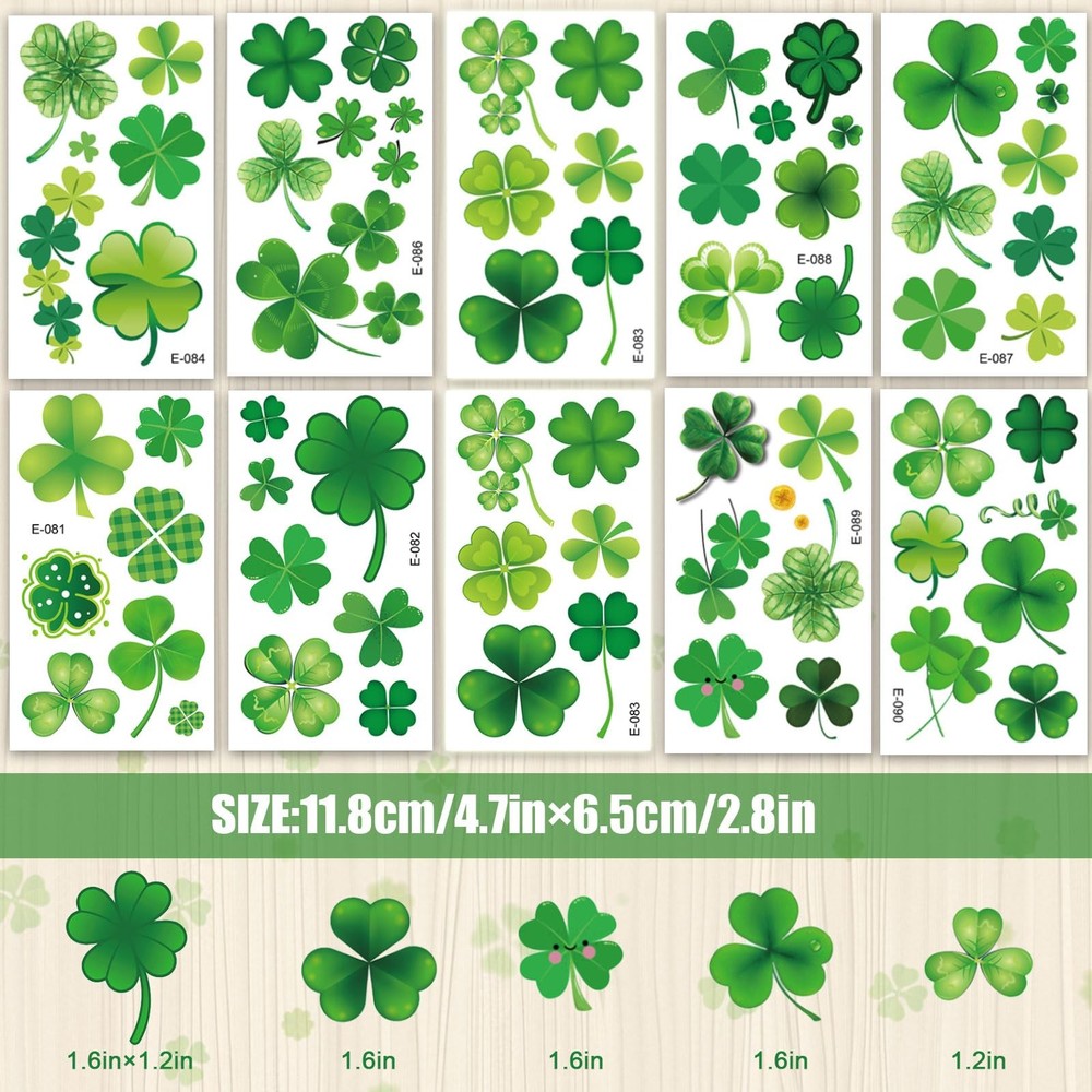 St. Patrick‘s Day Shamrock Temporary Tattoos & Medium, Green & Dark