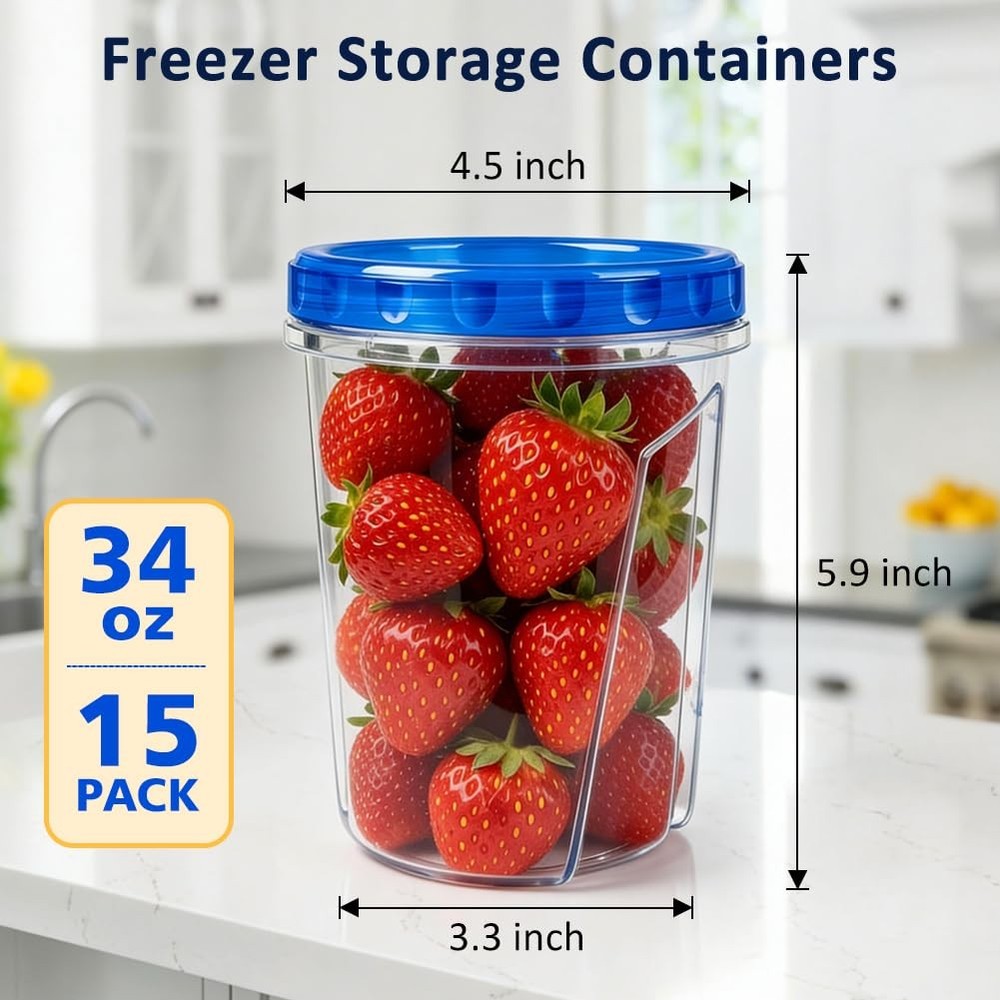 15 Pack 34oz Reusable Freezer Storage Containers with 34oz-15 Pack, clear