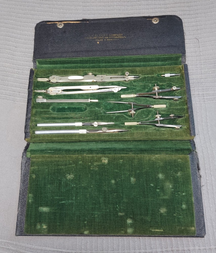 Vintage B.K. Elliott Company Drafting Compass Tool Set With Case