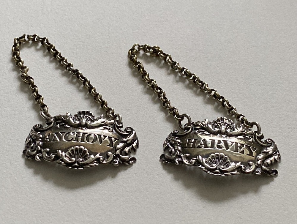 Antique SILVER BOTTLE LABLES - Pair, Harvey & Anchovy, Solid Silver (5I12)